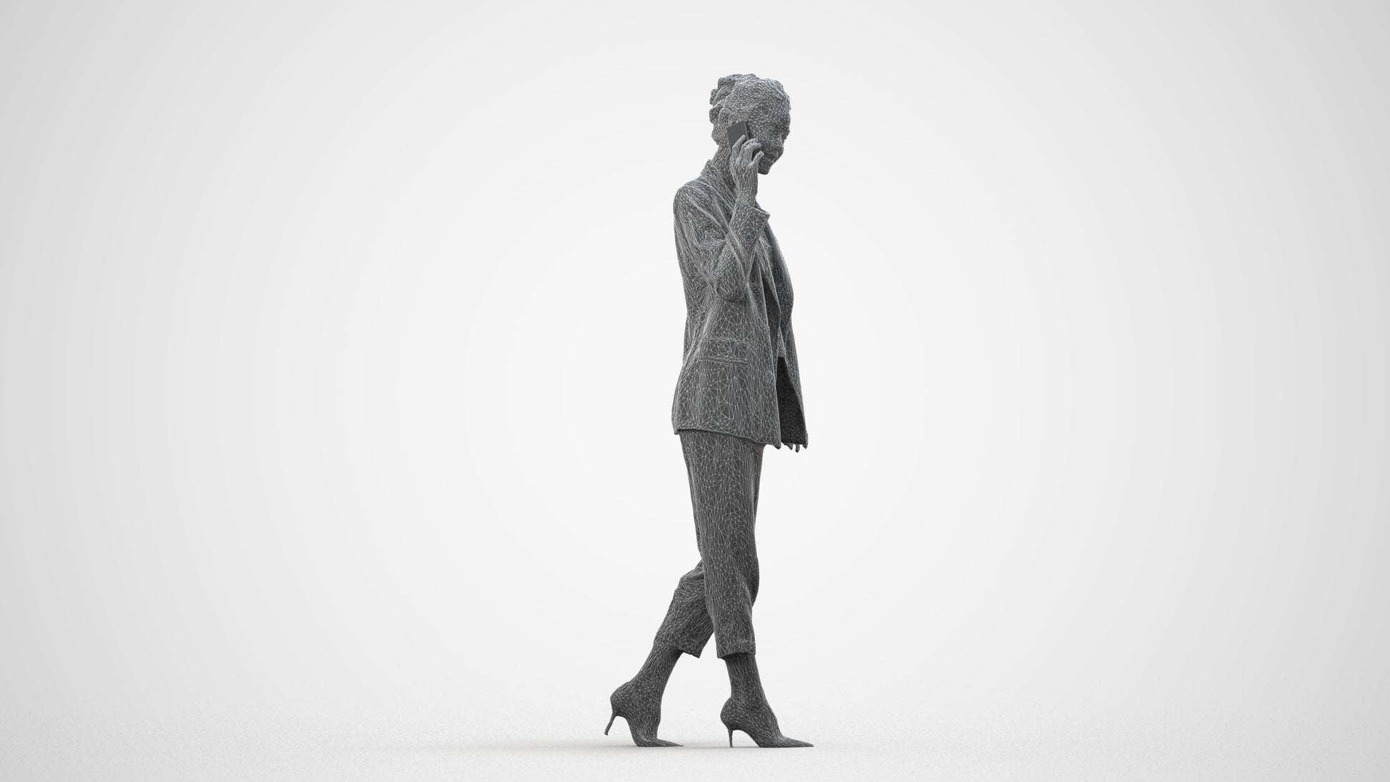 3D human model woman business walking, photogrammetry scanned person for archviz, wireframe side view