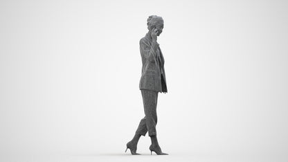 3D human model woman business walking, photogrammetry scanned person for archviz, wireframe side view