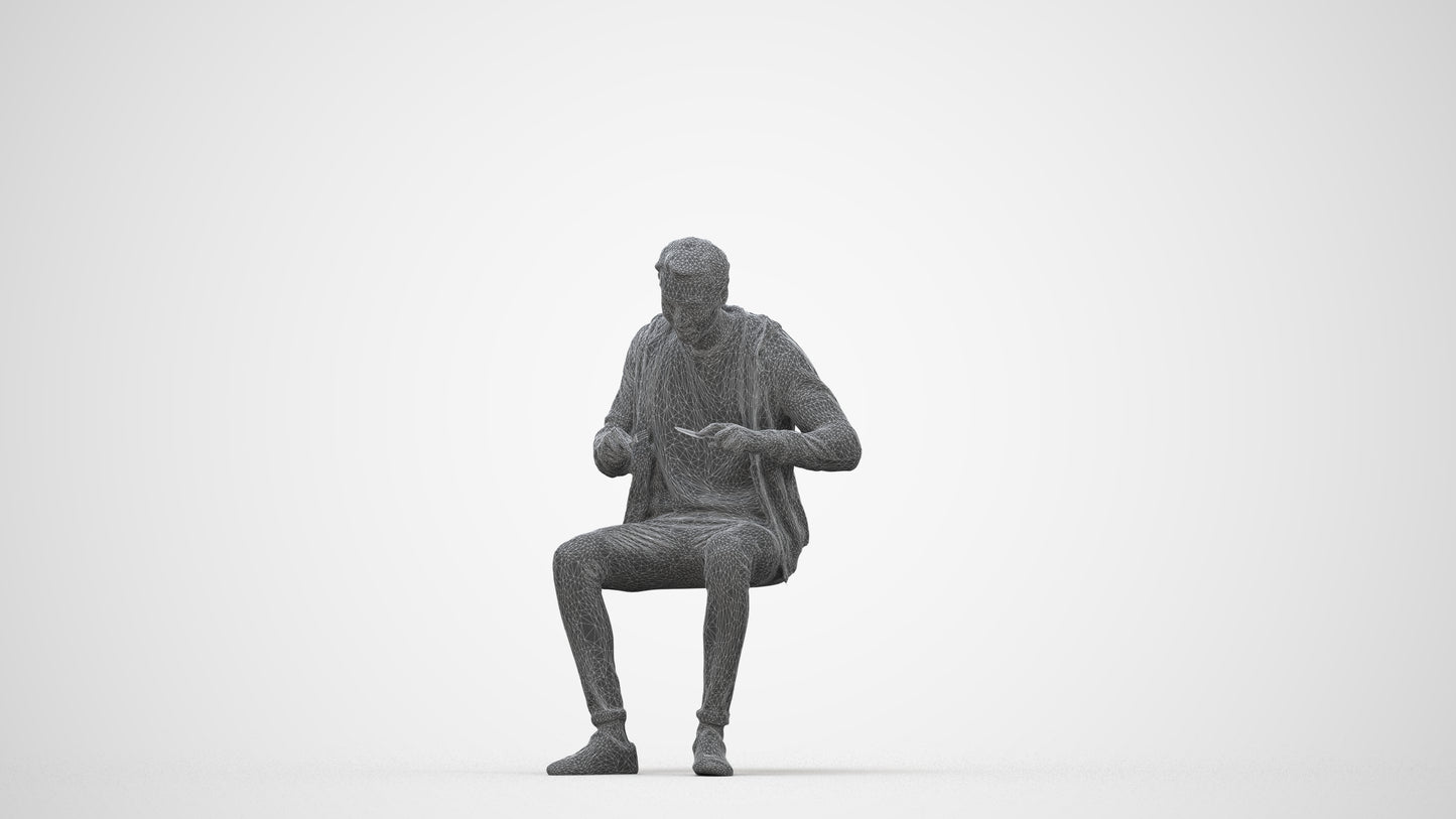 realistic 3D man casual sitting, scanned archviz people for Blender and 3ds Max, wireframe back view
