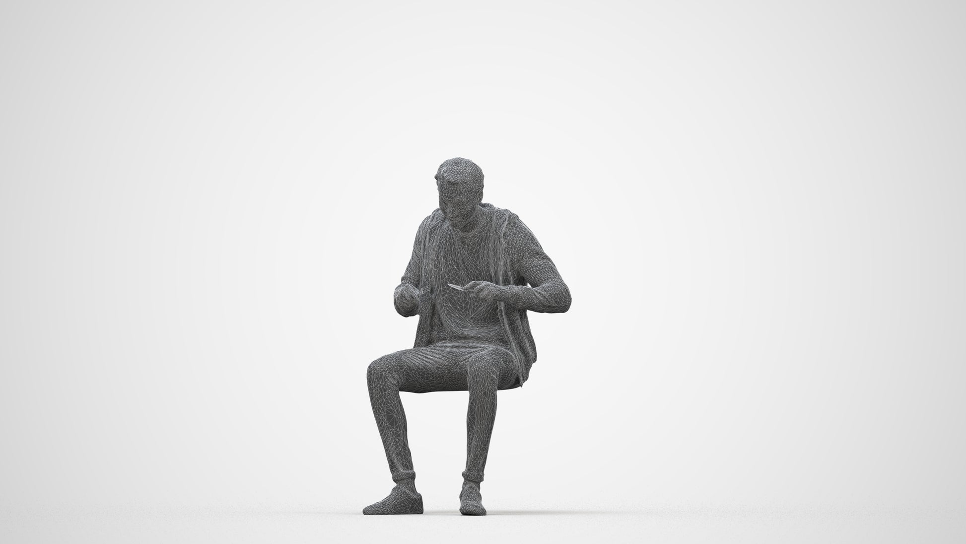 realistic 3D man casual sitting, scanned archviz people for Blender and 3ds Max, wireframe back view