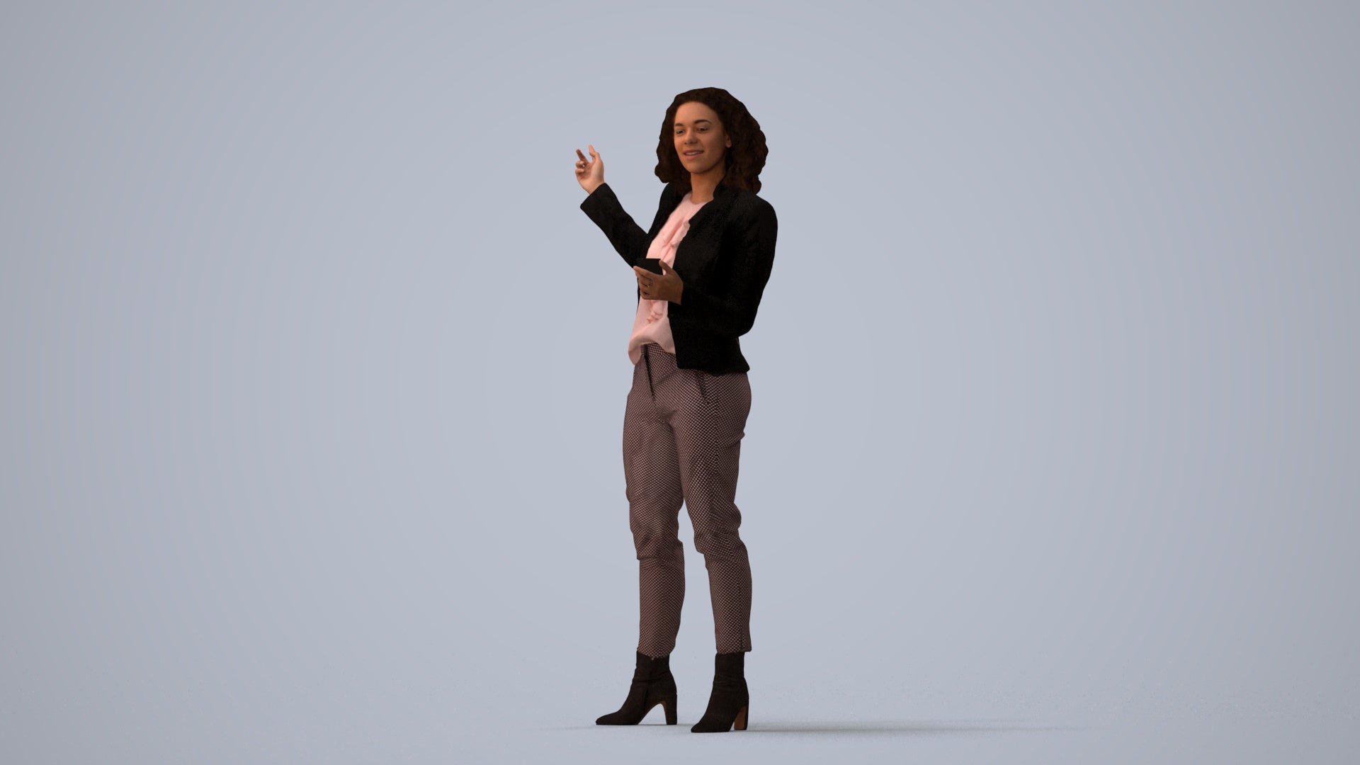 realistic 3D human woman business, archviz people FBX OBJ for Blender, three-quarter view render