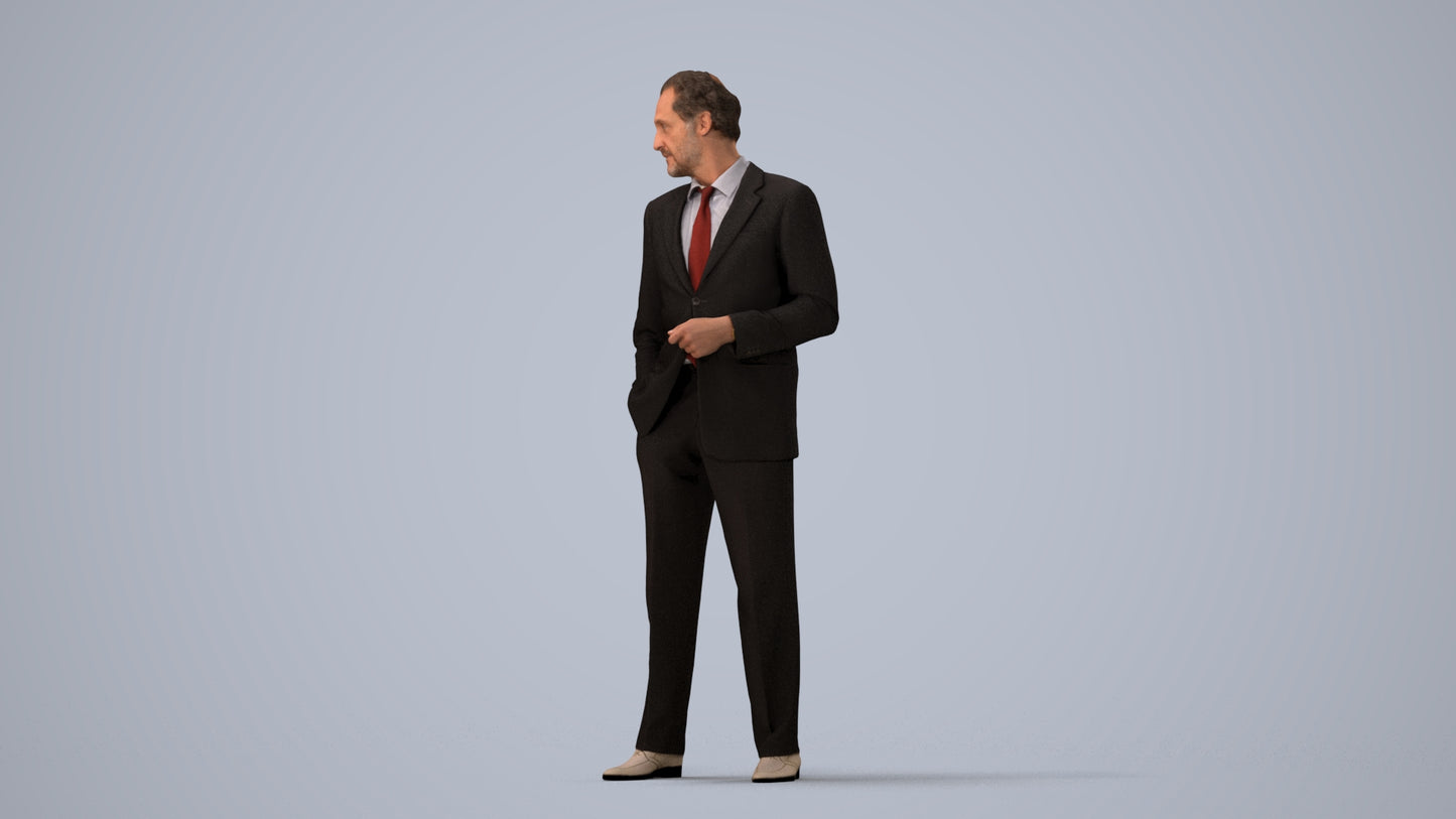 3D human model man business, photogrammetry scanned person for archviz, three-quarter view render