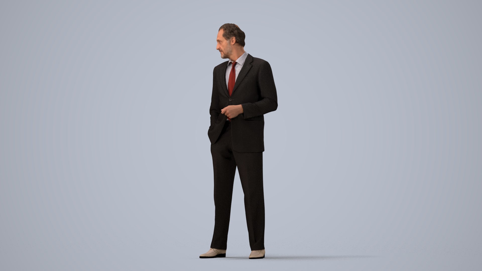 3D human model man business, photogrammetry scanned person for archviz, three-quarter view render