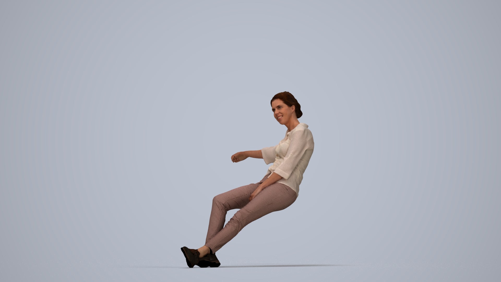 realistic 3D woman casual sitting, scanned archviz people for Blender and 3ds Max, top-down view render