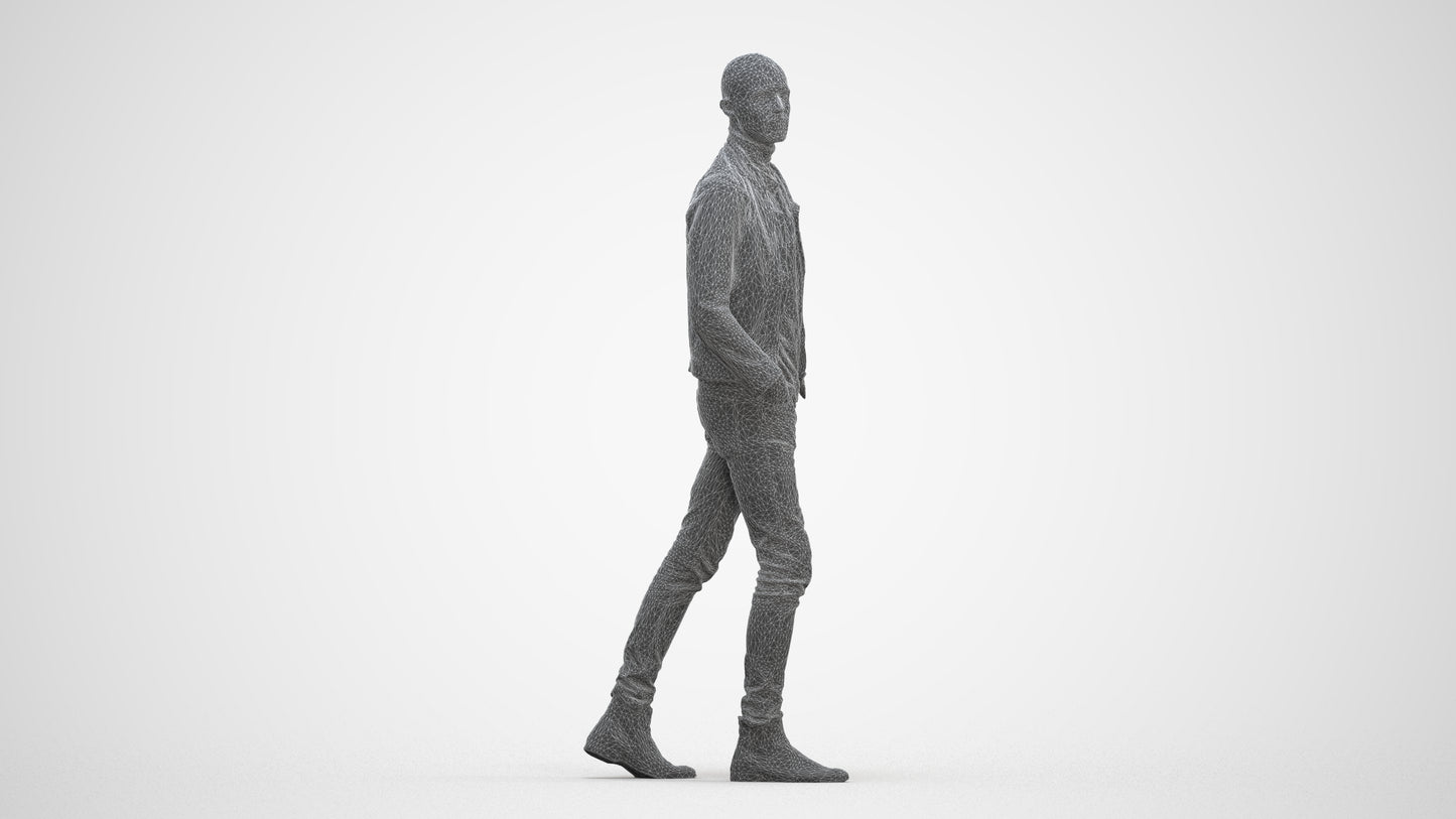 3D scanned man walking casual, photorealistic archviz people for Enscape and SketchUp, three-quarter front view render