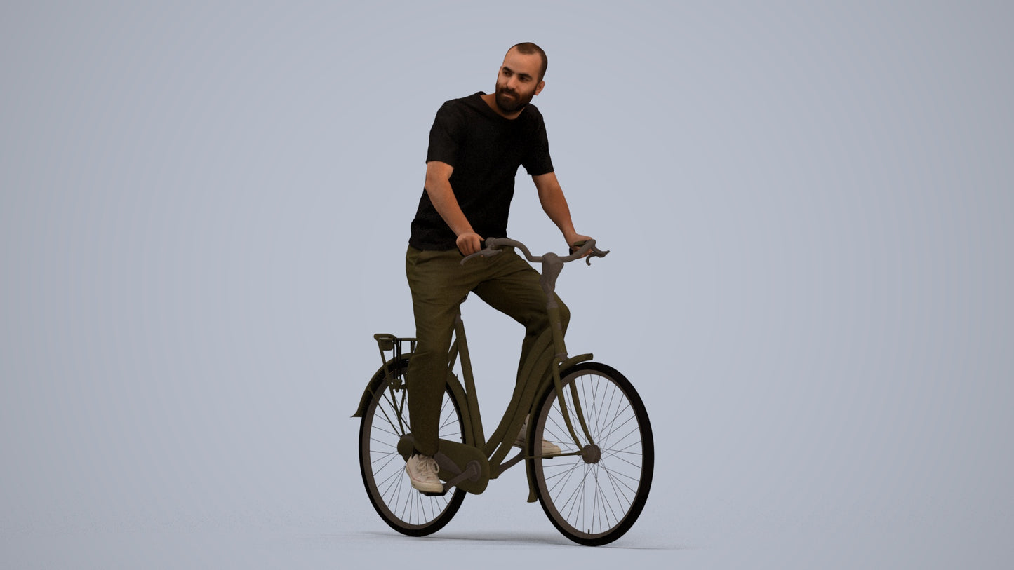 realistic 3D man casual cycling, scanned archviz people for Blender and 3ds Max, standing pose render