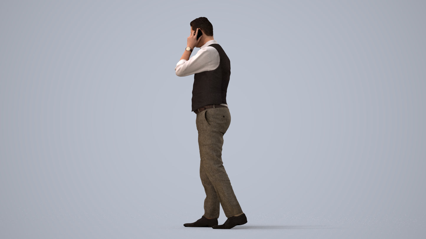 3D human model man business walking, photogrammetry scanned person for archviz, three-quarter view render