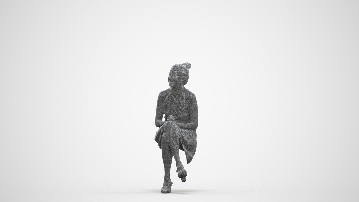 realistic 3D woman formal sitting, scanned archviz people for Blender and 3ds Max, three-quarter front view render