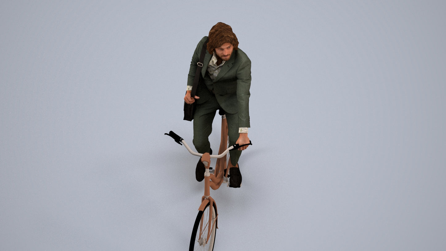 3D human model man business cycling, photogrammetry scanned person for archviz, back view render