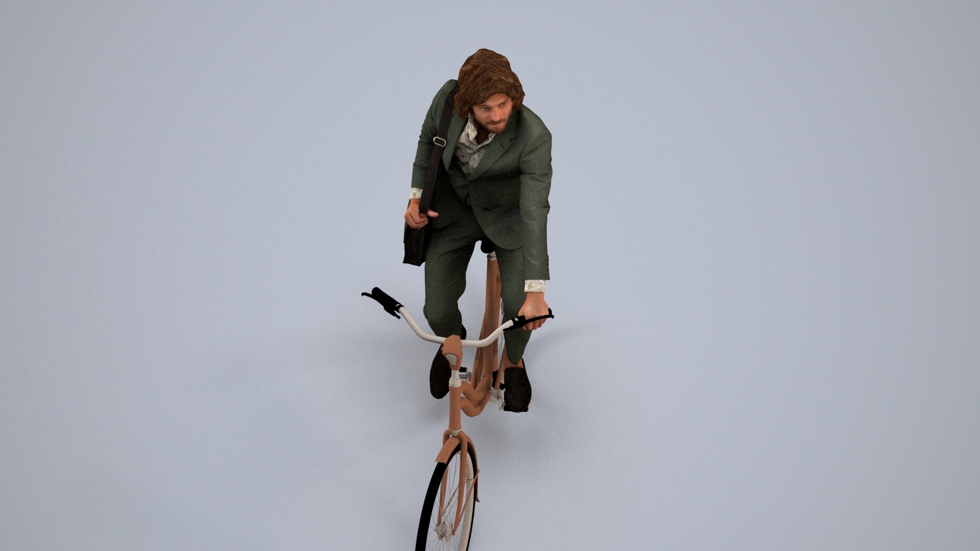 3D human model man business cycling, photogrammetry scanned person for archviz, back view render
