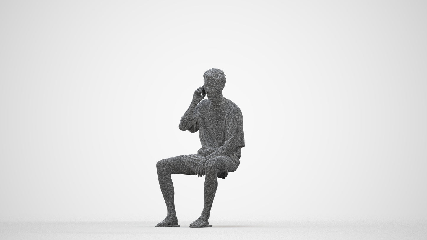 scanned 3D man casual sitting, photogrammetry people for Enscape and V-Ray, wireframe back view