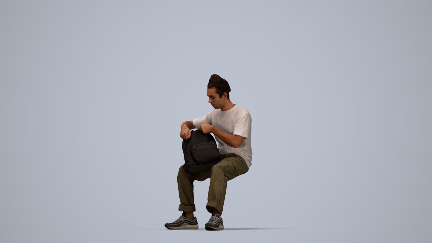 3D human model man casual sitting, photogrammetry scanned person for archviz, top-down view render