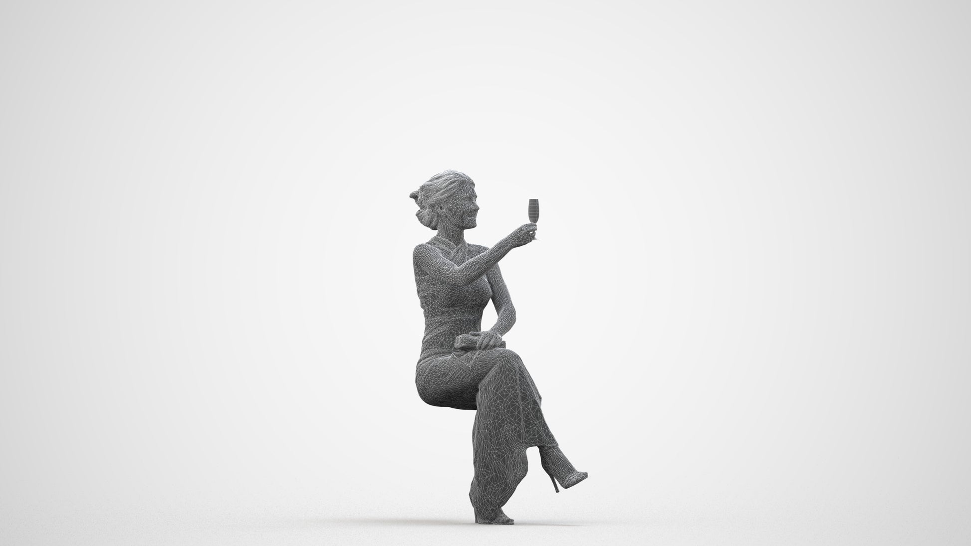 3D people model woman formal sitting, scanned human for 3ds Max rendering, wireframe side view