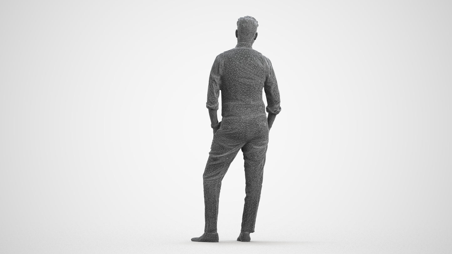 3D scanned man standing business, photorealistic archviz people for Enscape and SketchUp, wireframe front view