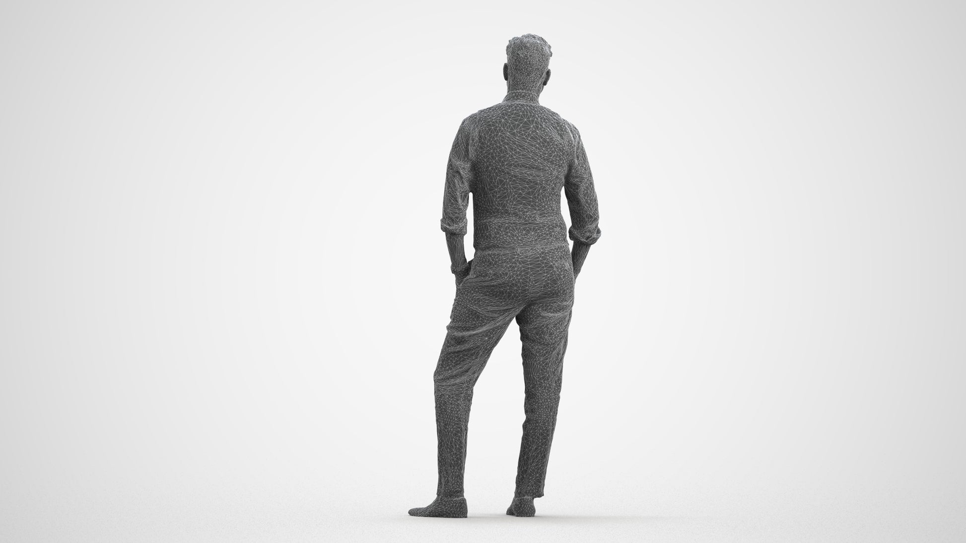 3D scanned man standing business, photorealistic archviz people for Enscape and SketchUp, wireframe front view