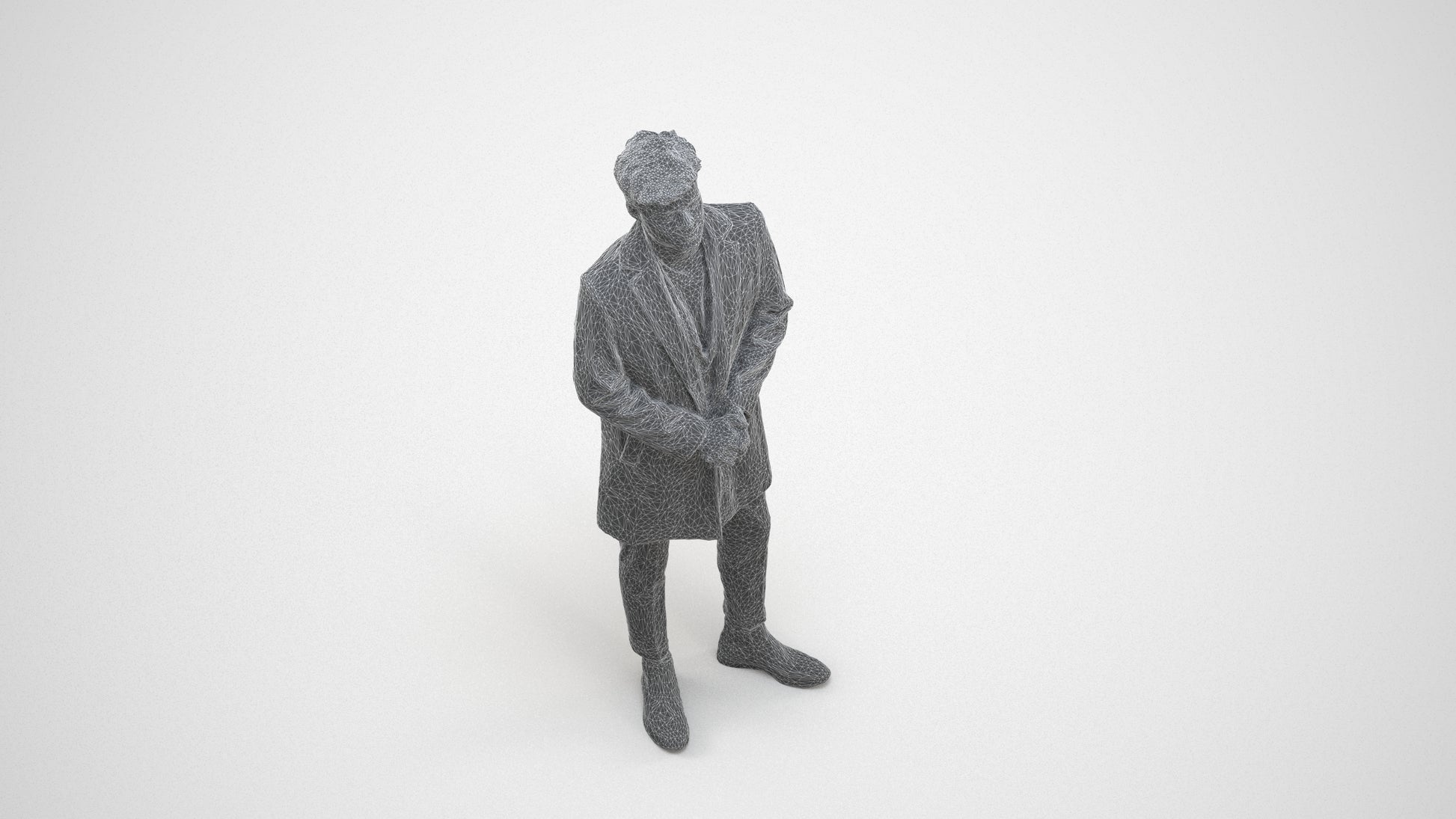 realistic 3D human man business standing, archviz people FBX OBJ for Blender, wireframe three-quarter view