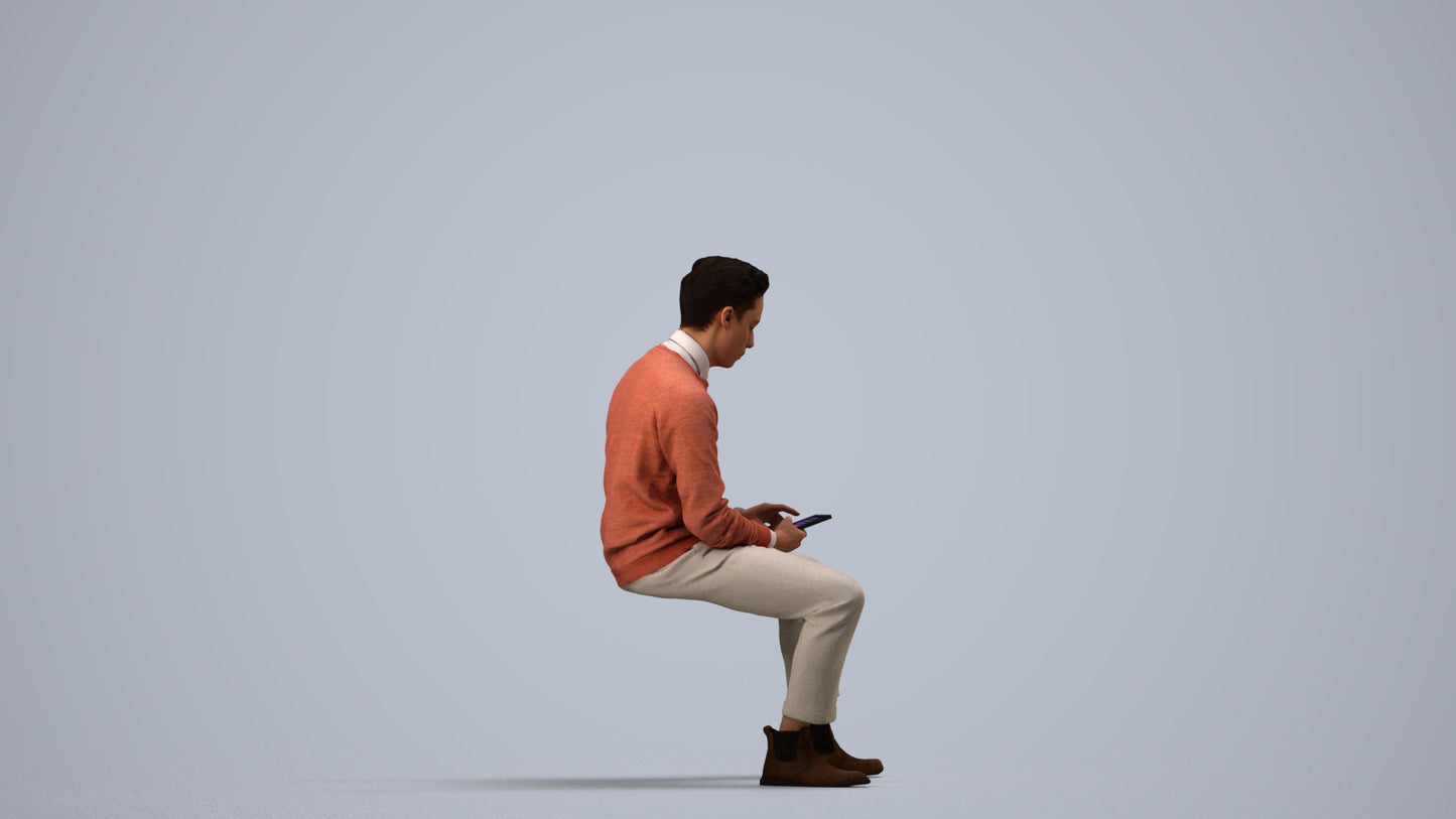 3D people model man casual sitting, scanned human for 3ds Max rendering, side view render