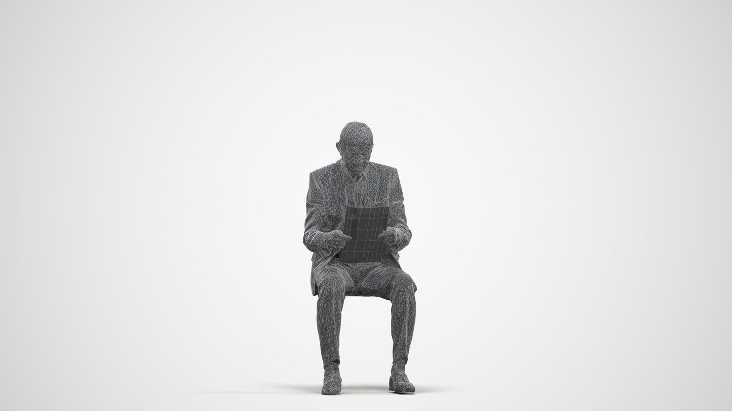 scanned 3D senior man business sitting, photogrammetry people for Enscape and V-Ray, three-quarter front view render