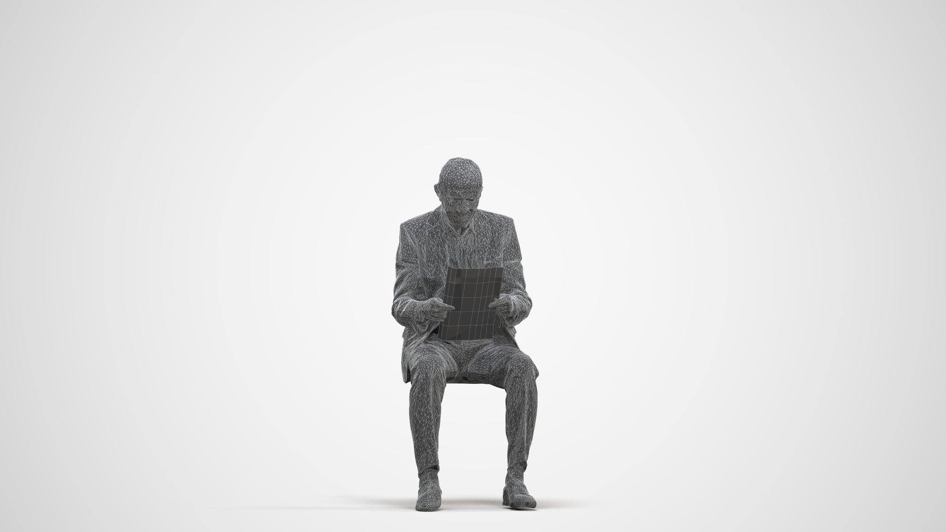scanned 3D senior man business sitting, photogrammetry people for Enscape and V-Ray, three-quarter front view render