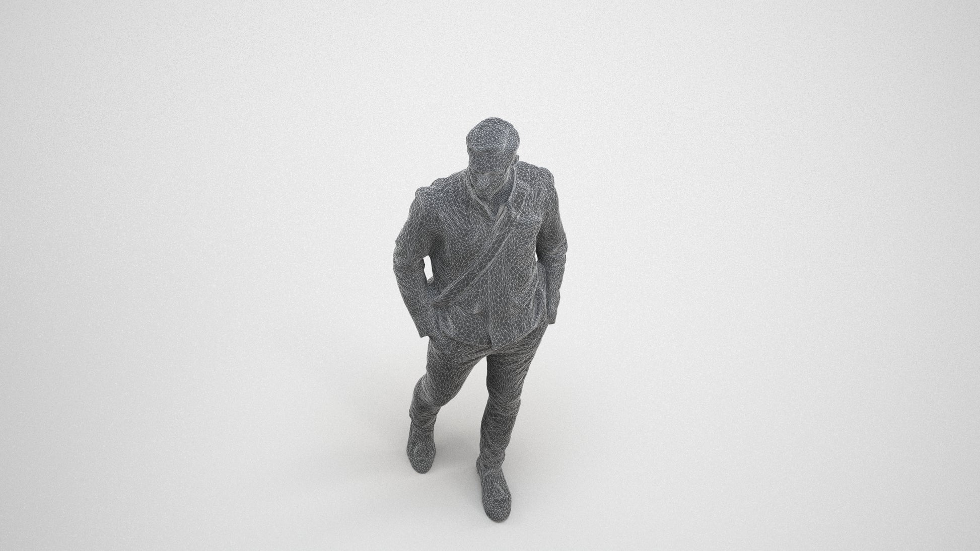 3D people model man casual walking, scanned human for 3ds Max rendering, wireframe three-quarter view