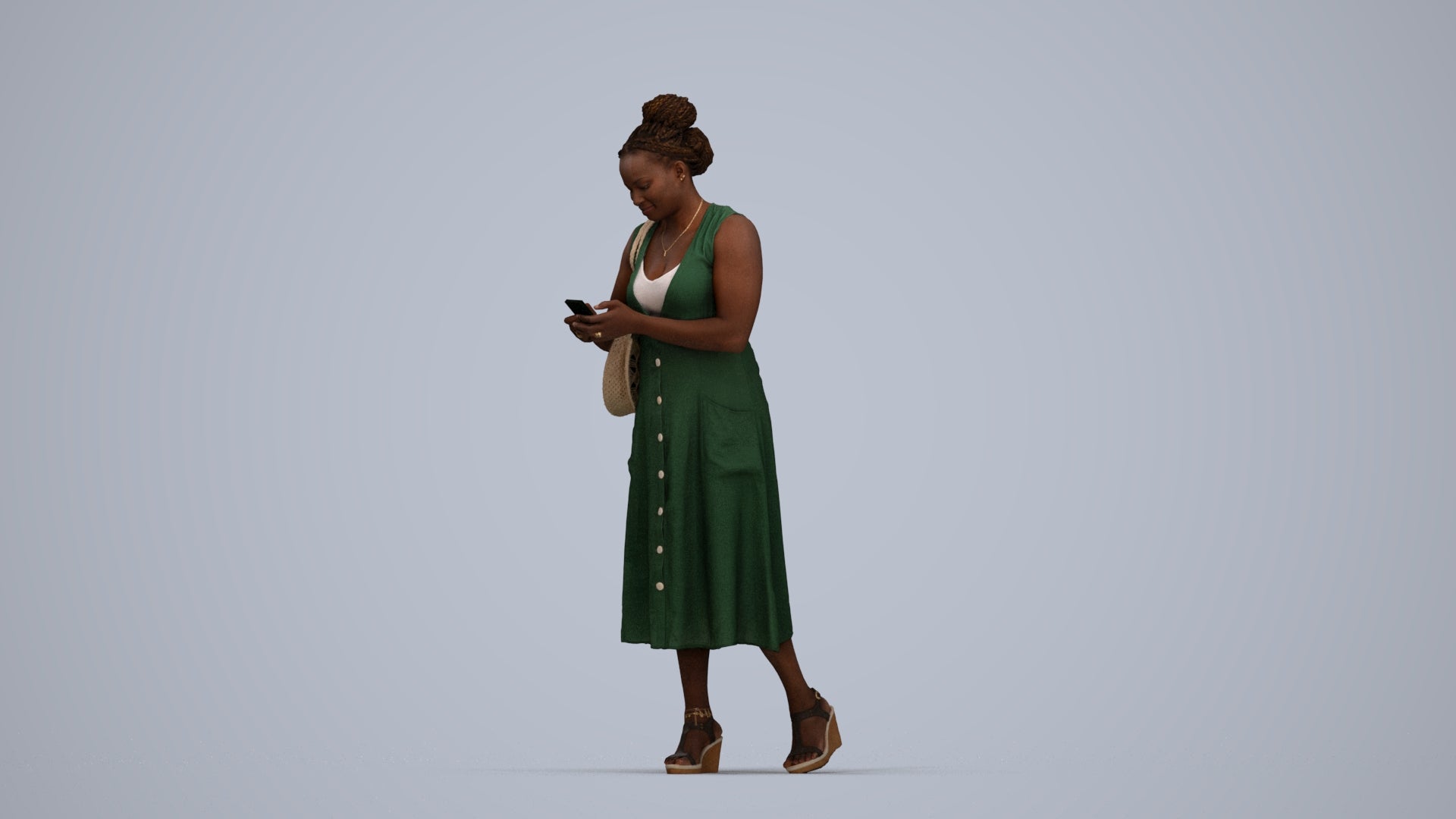 realistic 3D woman casual standing, scanned archviz people for Blender and 3ds Max, top-down view render
