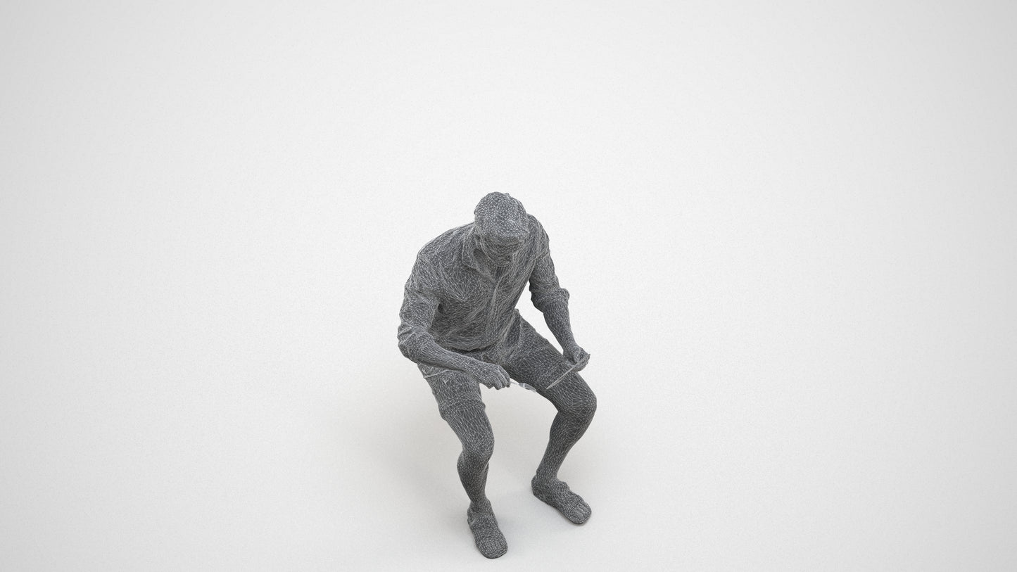 scanned 3D man casual sitting, photogrammetry people for Enscape and V-Ray, wireframe three-quarter view