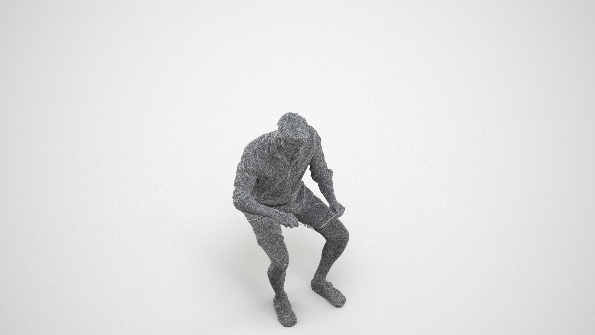 scanned 3D man casual sitting, photogrammetry people for Enscape and V-Ray, wireframe three-quarter view