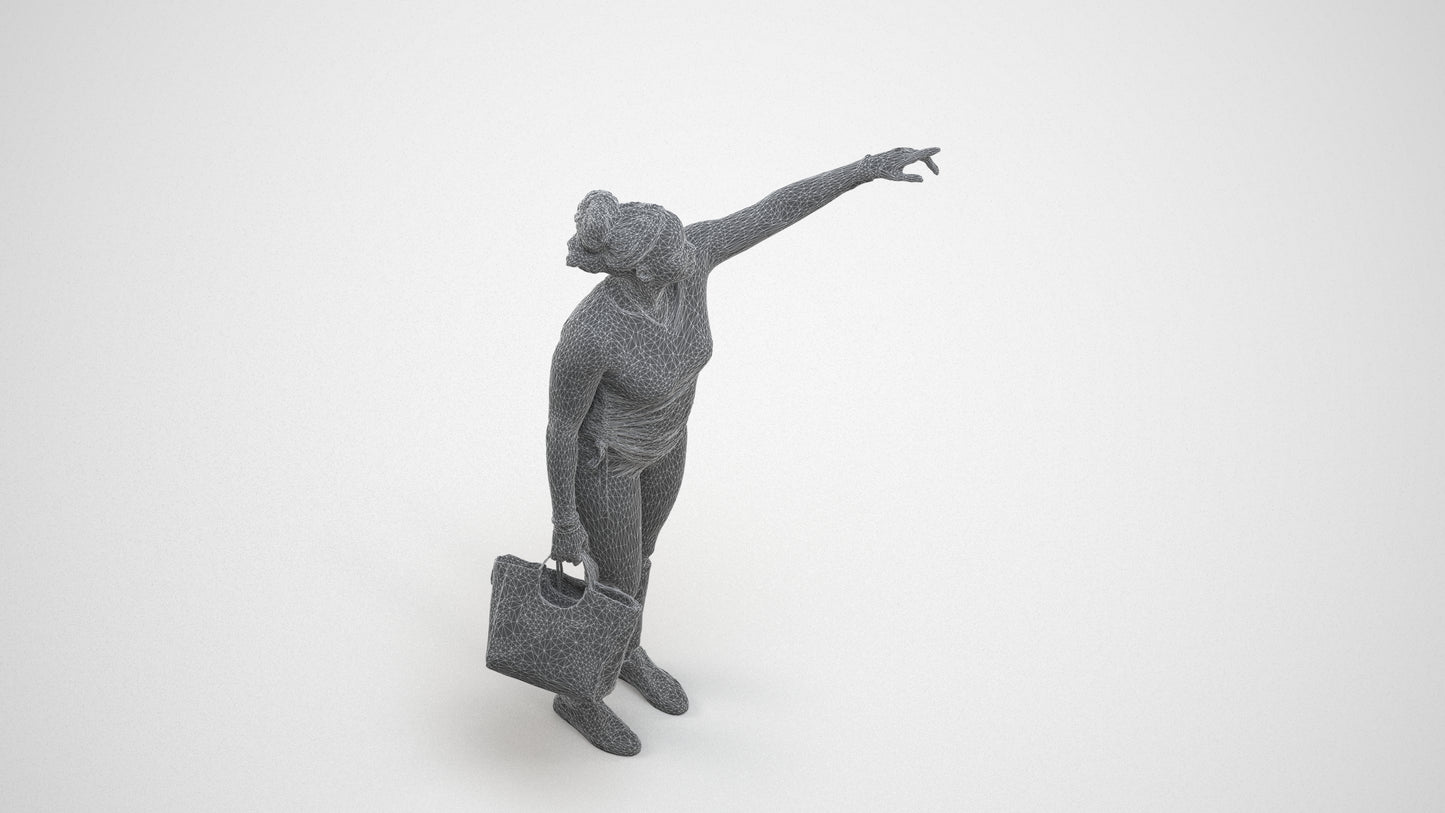 3D scanned woman standing casual, photorealistic archviz people for Enscape and SketchUp, wireframe three-quarter view