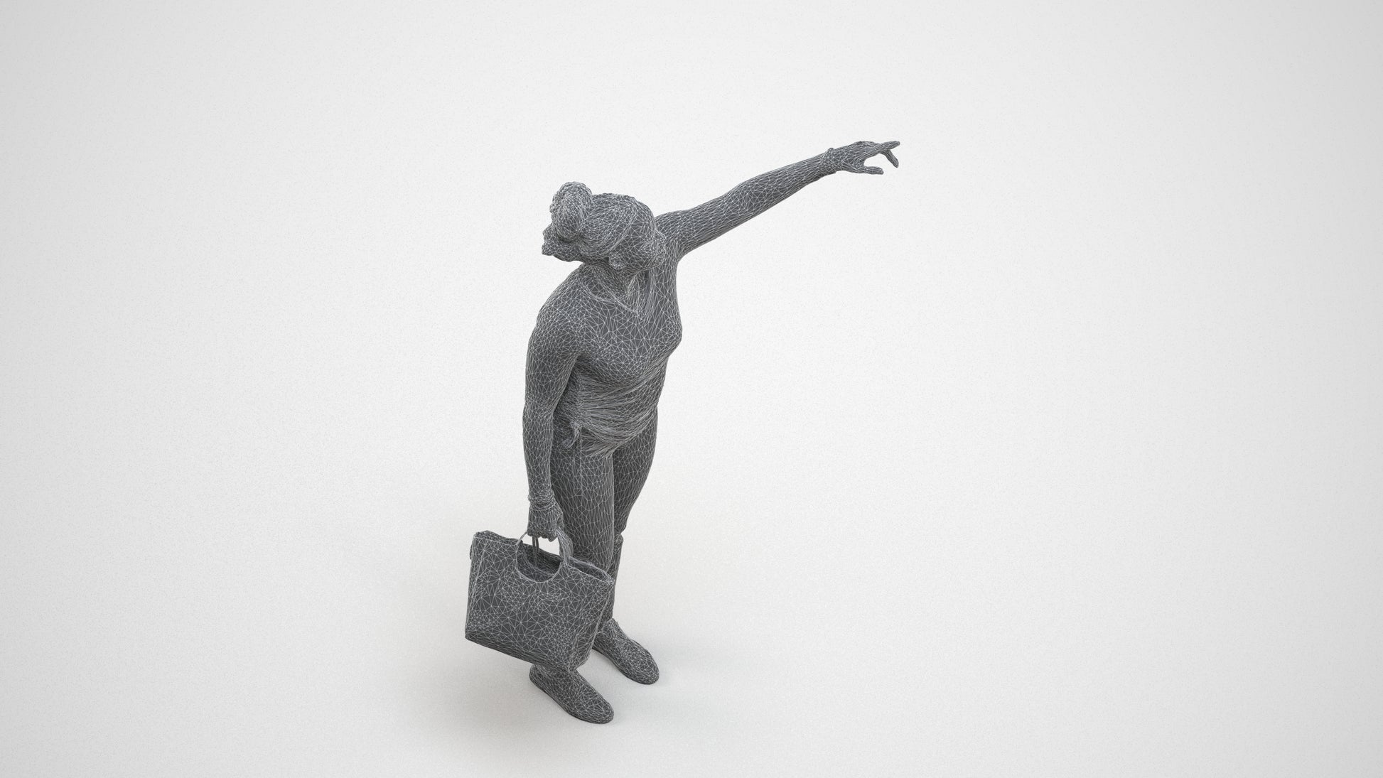 3D scanned woman standing casual, photorealistic archviz people for Enscape and SketchUp, wireframe three-quarter view