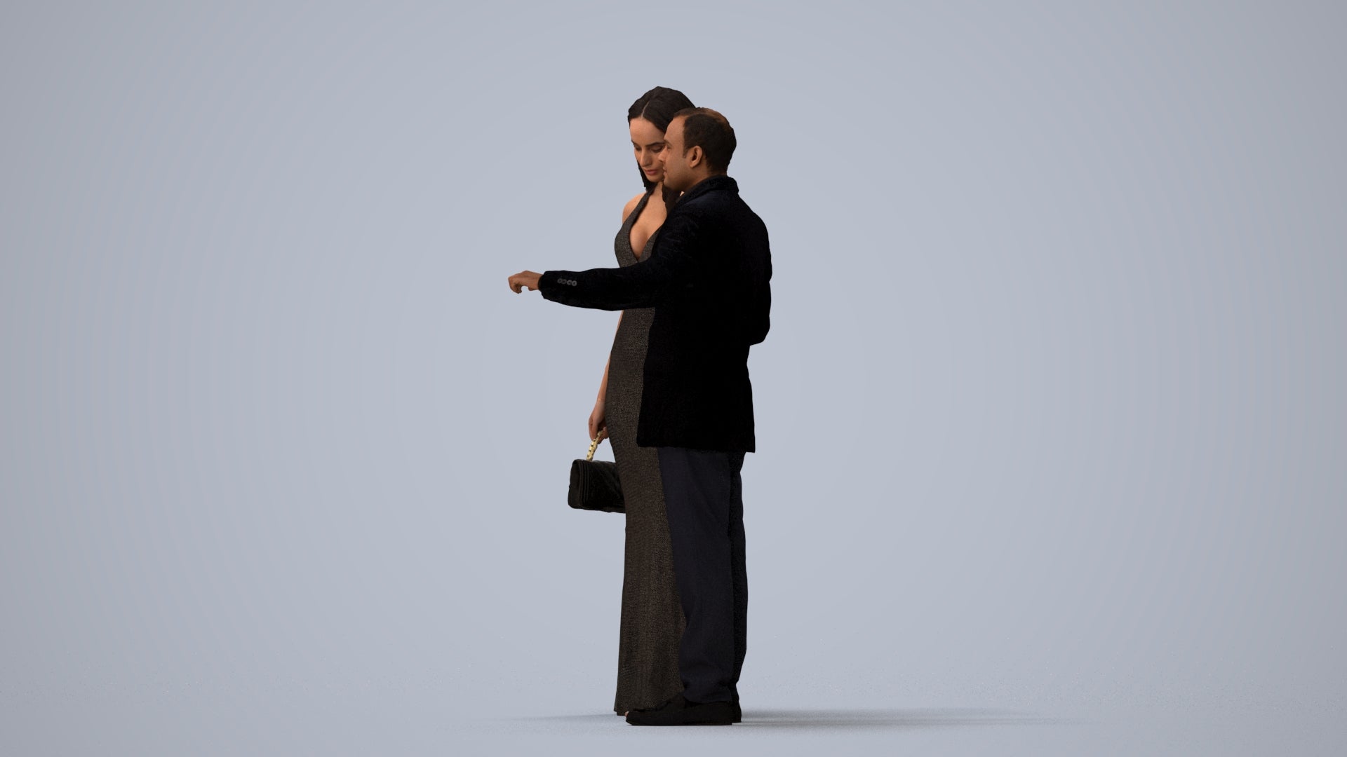 3D people model man formal couple, scanned human for 3ds Max rendering, three-quarter view render