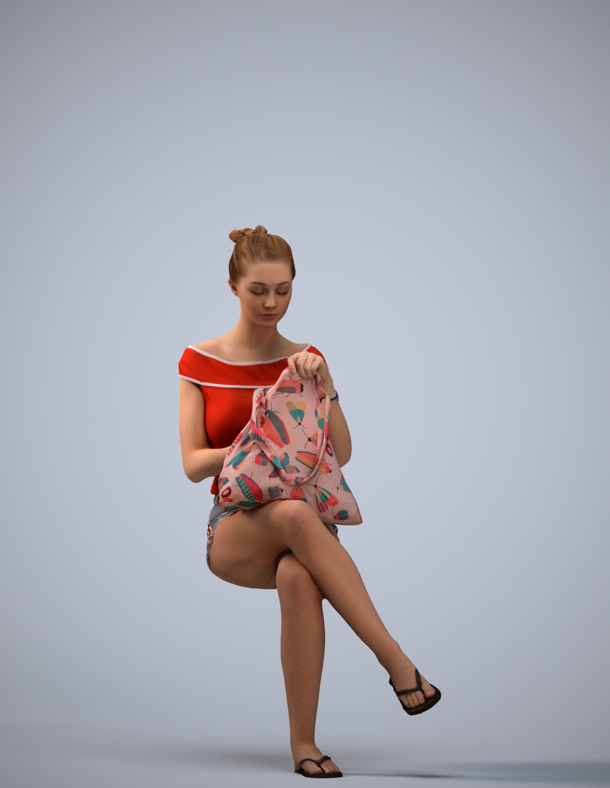 3D human model girl casual sitting, photogrammetry scanned person for archviz