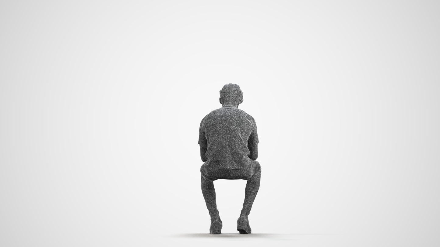 realistic 3D human man casual sitting, archviz people FBX OBJ for Blender, wireframe front view
