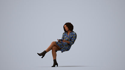 realistic 3D woman casual sitting, scanned archviz people for Blender and 3ds Max, three-quarter view render
