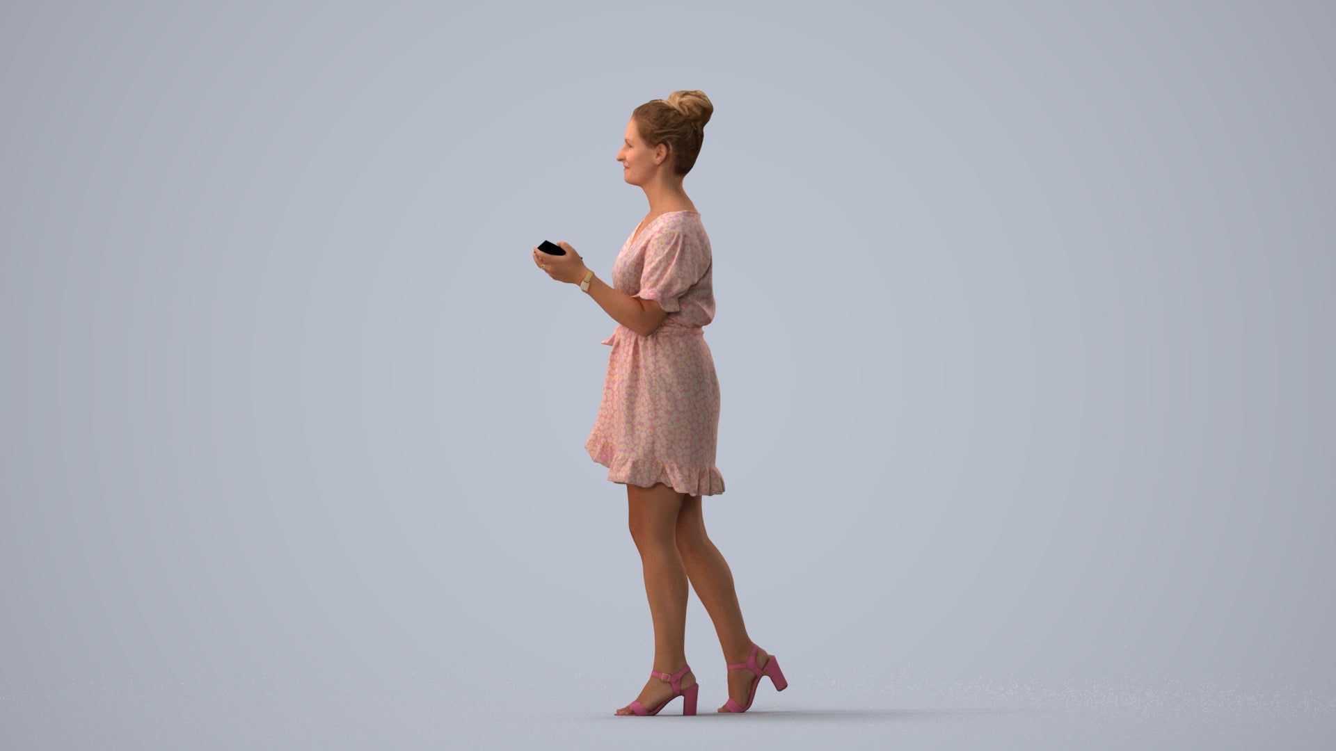 3D people model woman casual walking, scanned human for 3ds Max rendering, three-quarter view render