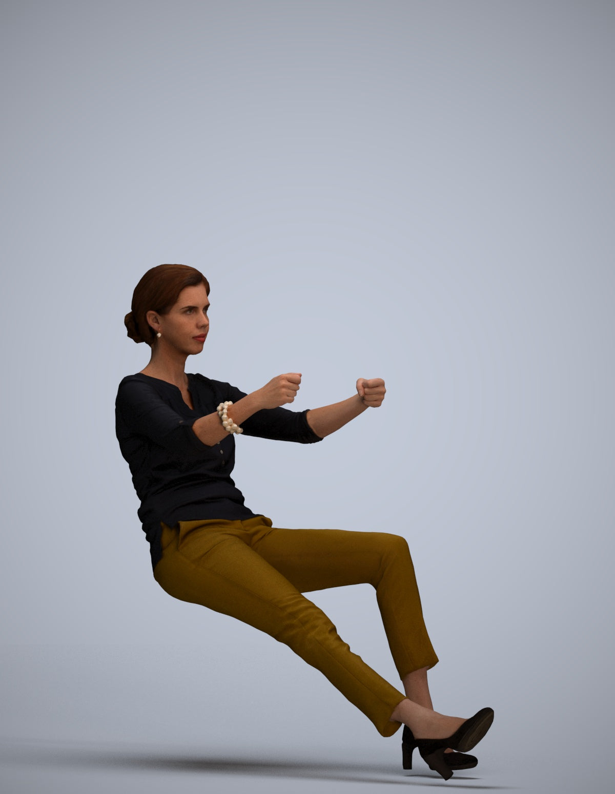 3D human model woman casual driving, photogrammetry scanned person for archviz