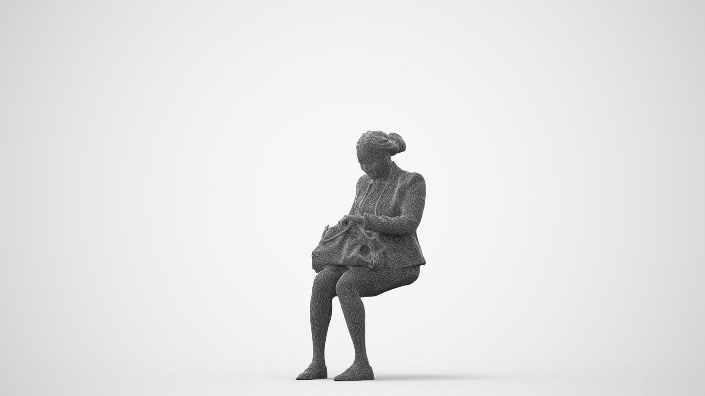 3D human model woman business sitting, photogrammetry scanned person for archviz, square thumbnail