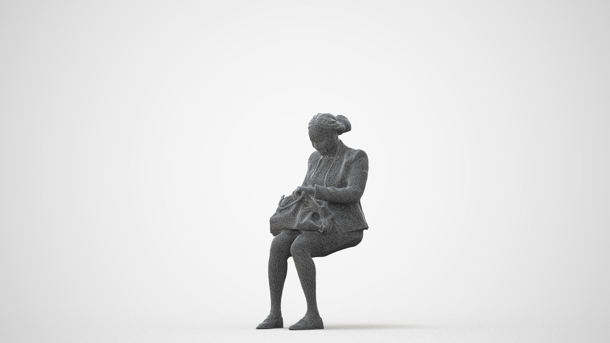 3D human model woman business sitting, photogrammetry scanned person for archviz, square thumbnail