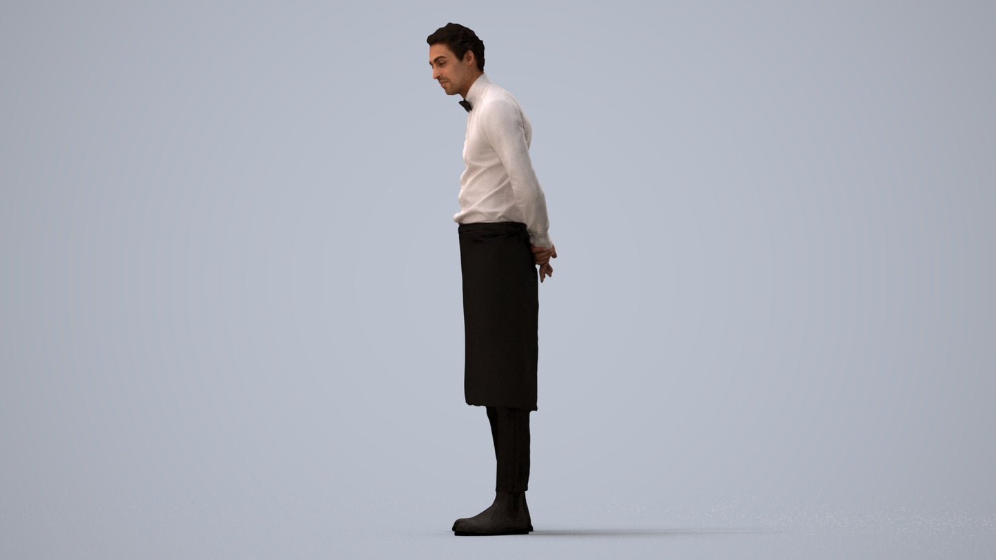 3D human model man hospitality, photogrammetry scanned person for archviz, three-quarter view render