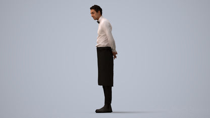 3D human model man hospitality, photogrammetry scanned person for archviz, three-quarter view render