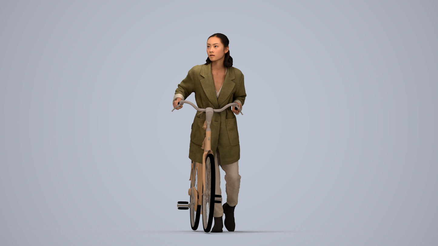 3D human model woman casual cycling, photogrammetry scanned person for archviz, top-down view render