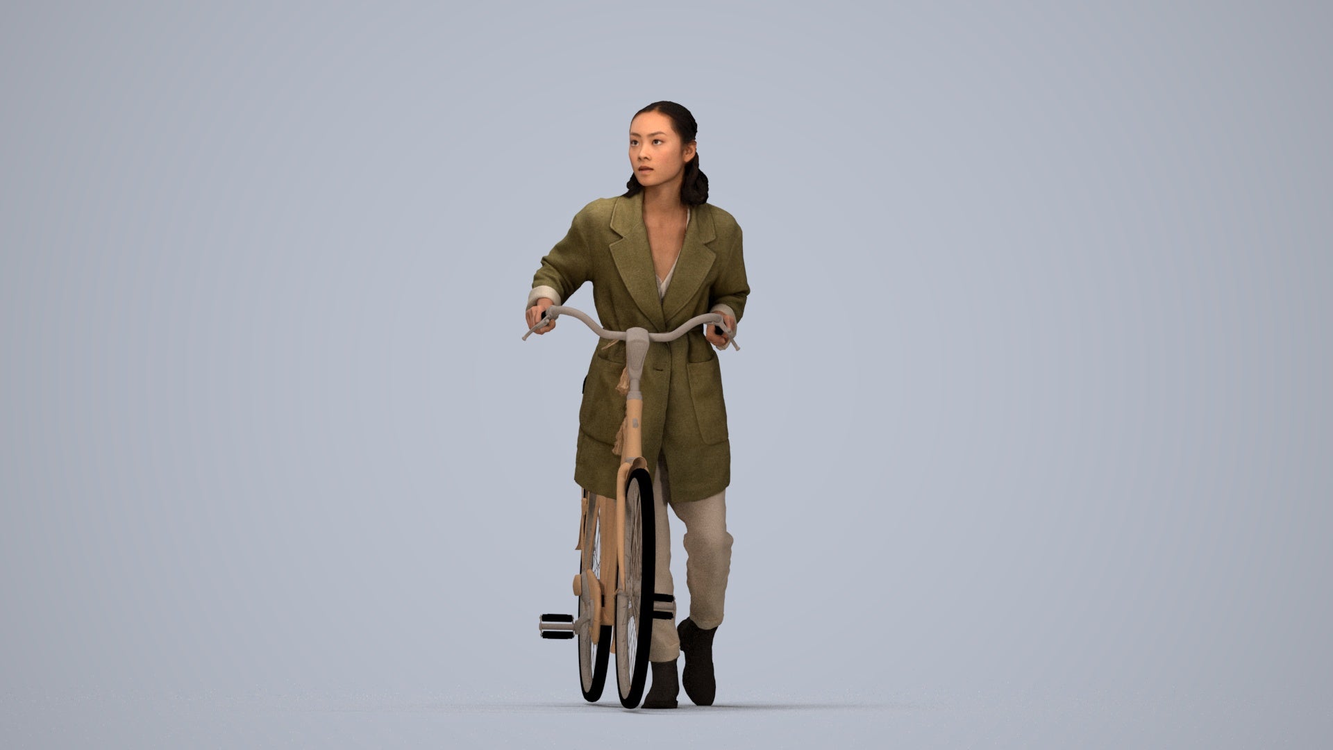 3D human model woman casual cycling, photogrammetry scanned person for archviz, top-down view render
