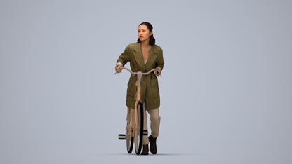 3D human model woman casual cycling, photogrammetry scanned person for archviz, top-down view render
