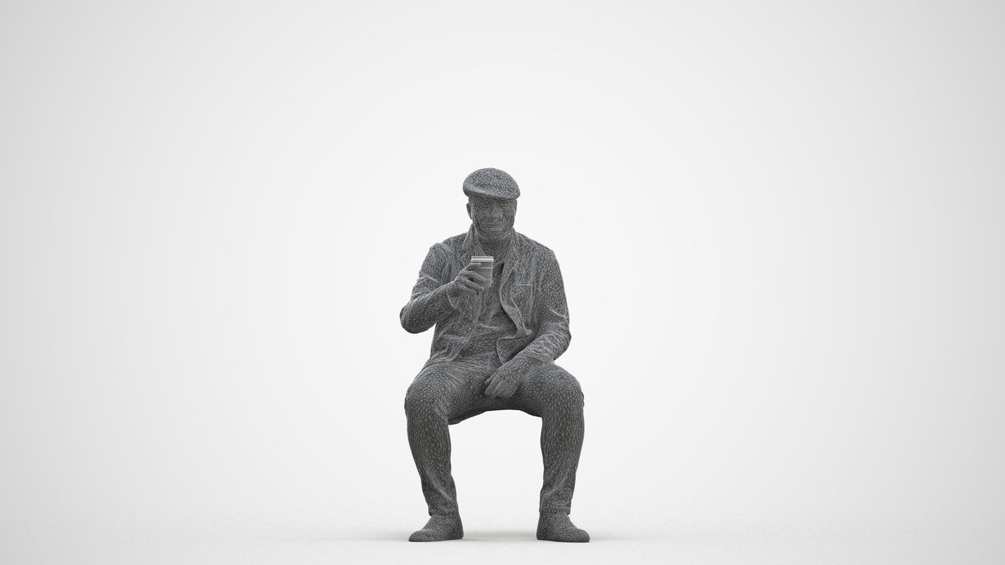 3D scanned man sitting casual, photorealistic archviz people for Enscape and SketchUp, three-quarter front view render