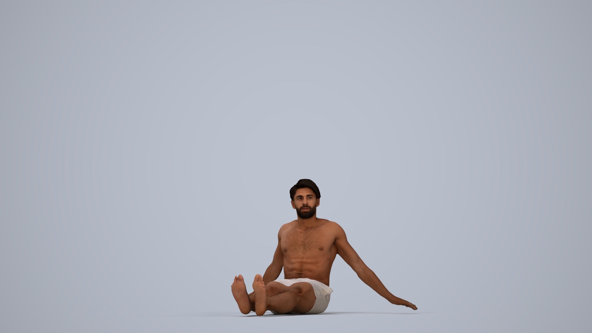3D human model man pool, photogrammetry scanned person for archviz, top-down view render