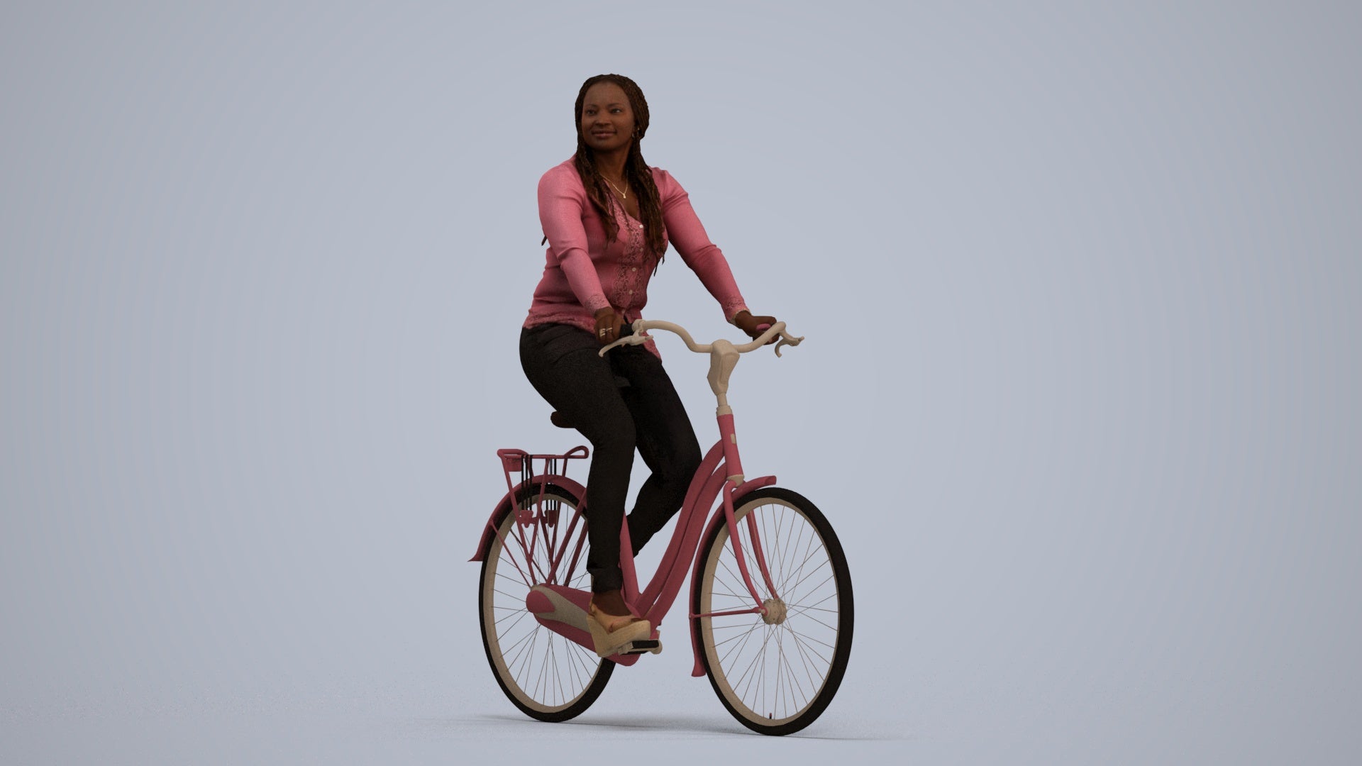 3D human model woman casual cycling, photogrammetry scanned person for archviz, standing pose render
