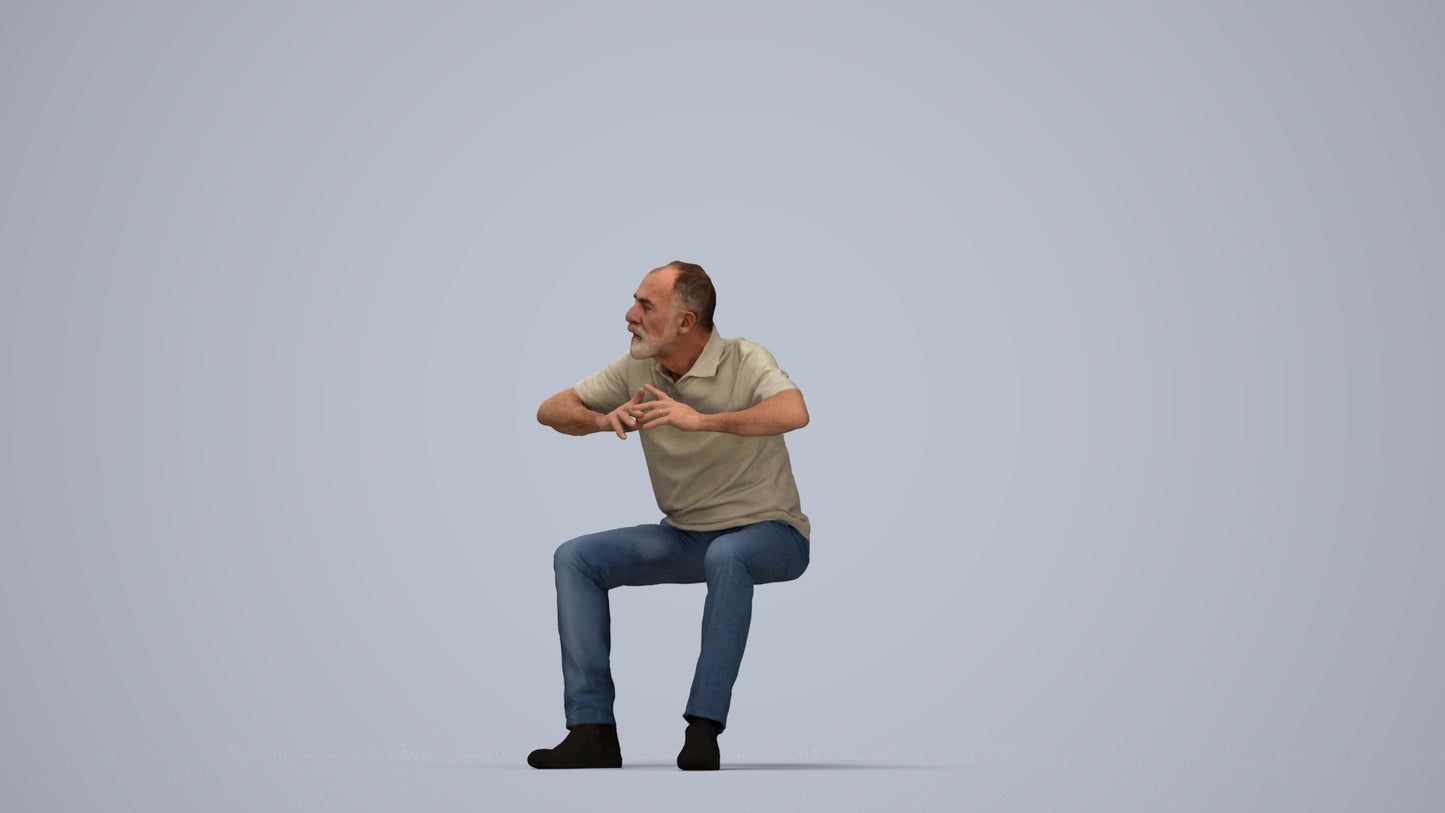 3D people model senior man casual sitting, scanned human for 3ds Max rendering, top-down view render