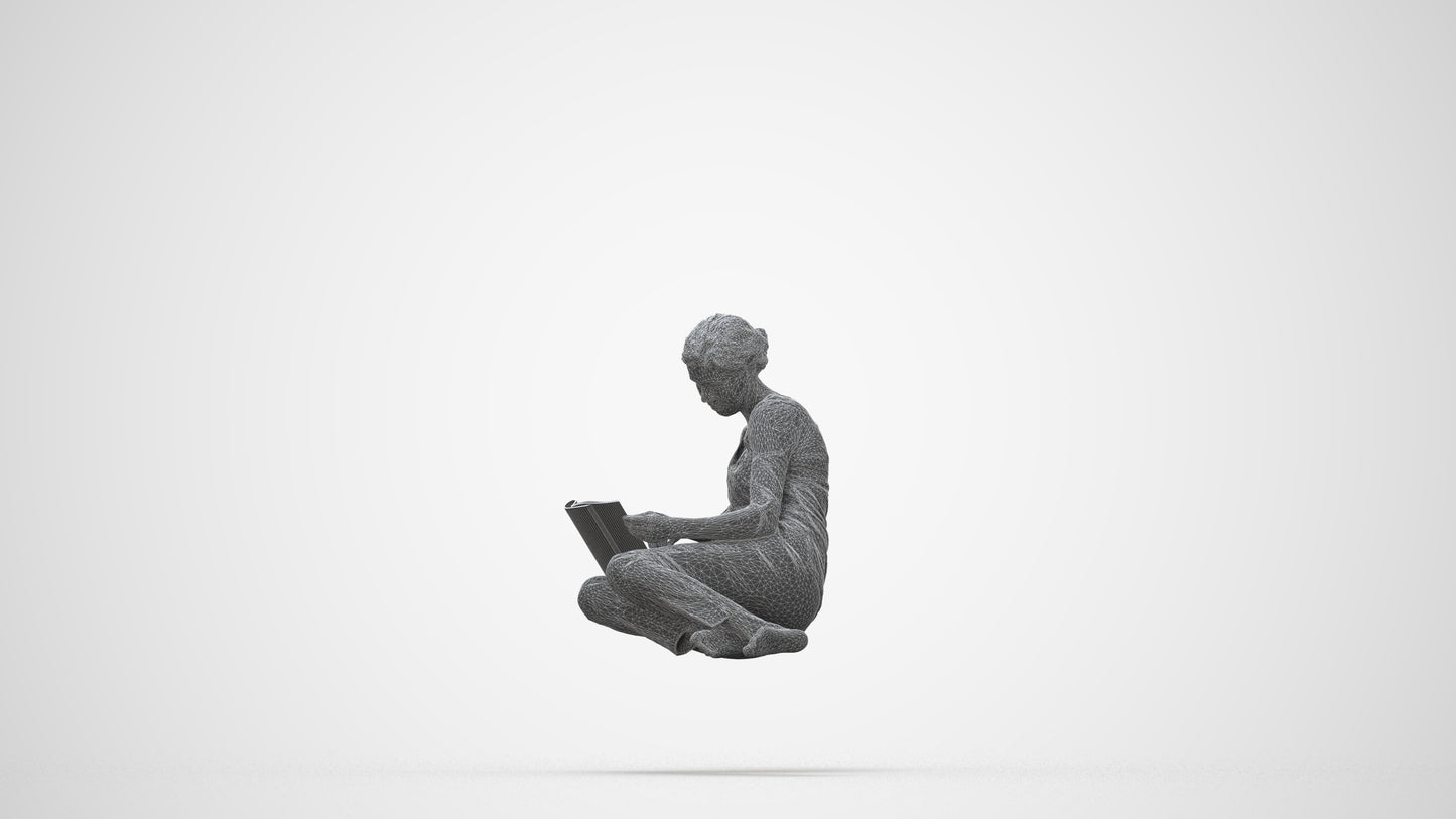 realistic 3D woman casual sitting, scanned archviz people for Blender and 3ds Max, wireframe back view