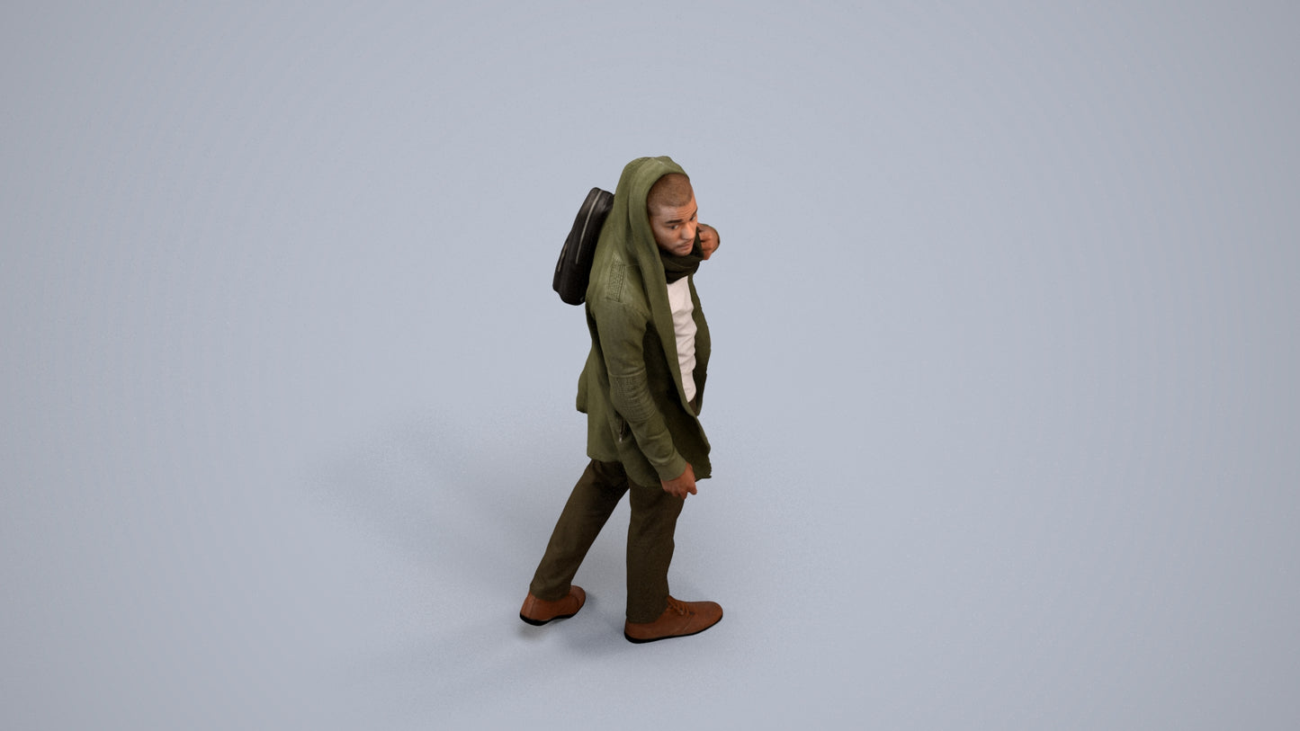 realistic 3D man casual walking, scanned archviz people for Blender and 3ds Max, back view render