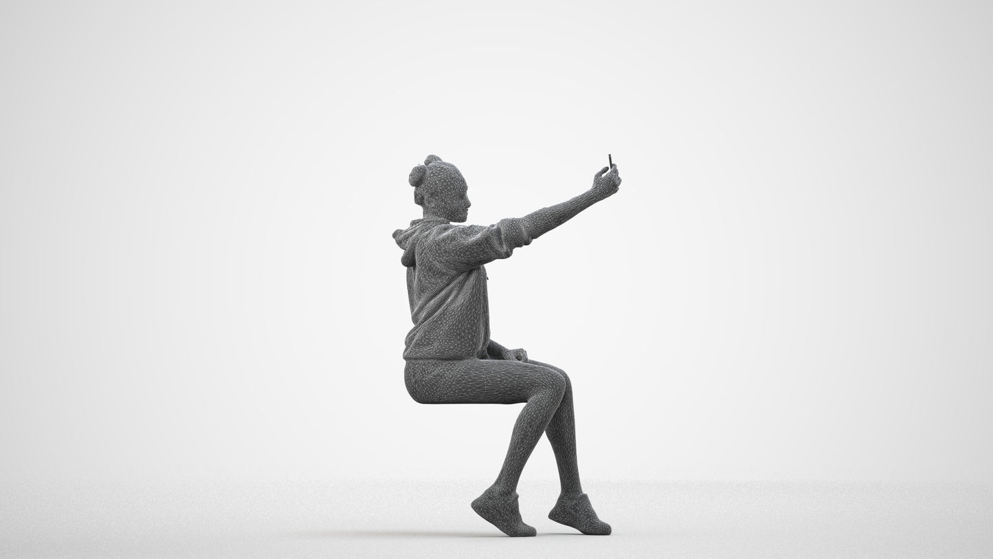 scanned 3D woman casual sitting, photogrammetry people for Enscape and V-Ray, wireframe side view
