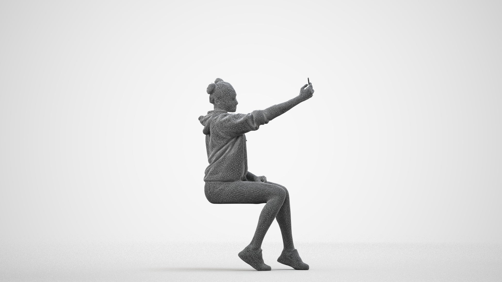 scanned 3D woman casual sitting, photogrammetry people for Enscape and V-Ray, wireframe side view